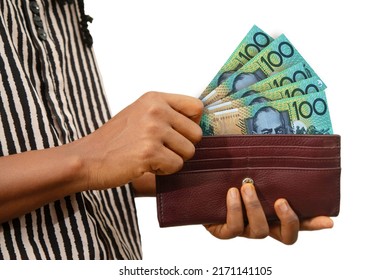 Fair Female Hand Holding Brown Purse With 100 Australian Dollar Notes, Hand Removing Money Out Of Purse Isolated On White. Removing Money From Wallet