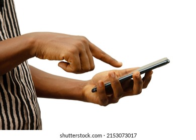 fair hand holding phone and touching screen, mockup, mask, crop, hand touching phone screen on white background