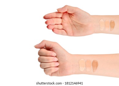 Fair, Medium, Dark Swatches  Of Foundation On The Hand Isolated On White.