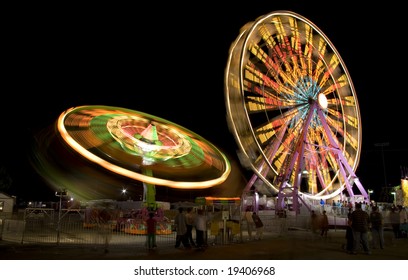 Fair Rides At The State Fair Viewed At Night With A Long Exposure.