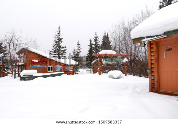 Fairbanks Alaska March72019 Log Cabins Covered Stock Photo Edit