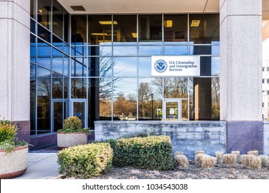 Fairfax, USA - January 26, 2018: USCIS US United States Citizenship And Immigration Services Field Main Office Entrance In Virginia With Sign