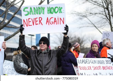 Fairfax, VA - December 14, 2017: Protesters Gather Outside Of The National Rifle Association Headquarters For A Vigil In Remembrance Of The 2012 Sandy Hook Elementary School Massacre In Newtown.