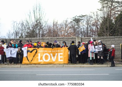 Fairfax, VA - December 14, 2017: Protesters Gather Outside The National Rifle Association For A Vigil On The Fifth Anniversary Of The Sandy Hook Elementary School Shooting In Newtown, Connecticut.