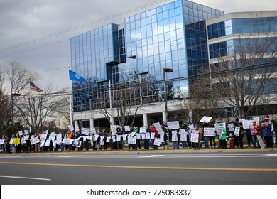 Fairfax, VA - December 14, 2017: Protesters Gather Outside The National Rifle Association For A Vigil On The Fifth Anniversary Of The Sandy Hook Elementary School Shooting In Newtown, Connecticut.