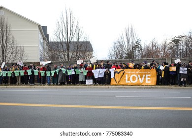 Fairfax, VA - December 14, 2017: Protesters Gather Outside The National Rifle Association For A Vigil On The Fifth Anniversary Of The Sandy Hook Elementary School Shooting In Newtown, Connecticut.