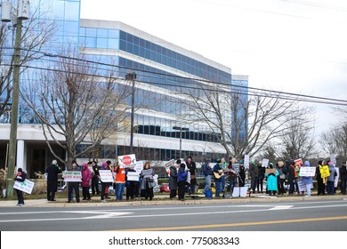 Fairfax, VA - December 14, 2017: Protesters Gather Outside The National Rifle Association For A Vigil On The Fifth Anniversary Of The Sandy Hook Elementary School Shooting In Newtown, Connecticut.