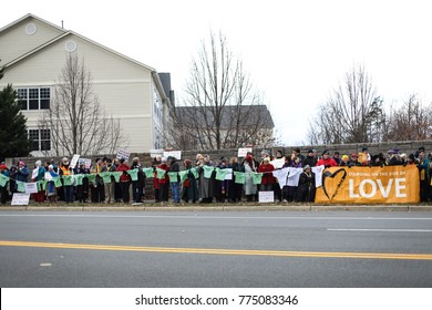 Fairfax, VA - December 14, 2017: Protesters Gather Outside The National Rifle Association For A Vigil On The Fifth Anniversary Of The Sandy Hook Elementary School Shooting In Newtown, Connecticut.