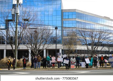 Fairfax, VA - December 14, 2017: Protesters Gather Outside The National Rifle Association For A Vigil On The Fifth Anniversary Of The Sandy Hook Elementary School Shooting In Newtown, Connecticut.