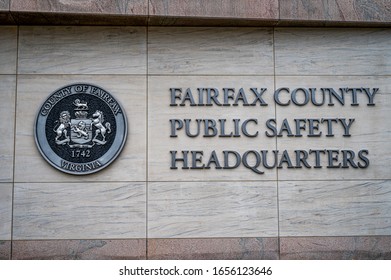 Fairfax, VA / USA - 02-20-20: Fairfax County Public Safety Headquarters Sign Adjacent To The Entrance. The Facility Handles Central Records, Public Resources, Fingerprinting, & Expungement Requests.