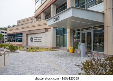 Fairfax, VA / USA - 02-20-20: Fairfax County Public Safety Headquarters Entrance. The Facility Handles Central Records, Public Resources, Fingerprinting, Criminal Record Check & Expungement Requests. 