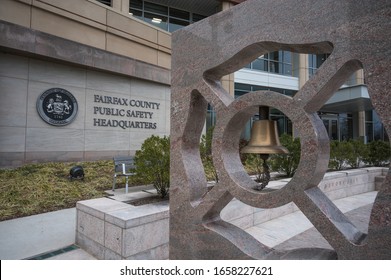 Fairfax, VA / USA - 02-20-20: Fairfax County Public Safety Headquarters Sign & Memorial By The Entrance. The Facility Handles Central Records, Public Resources, Fingerprinting, & Expungement Requests.