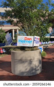 Fairfax, Virginia, United States - September 26, 2021: Campaign signs in front of the Fairfax County Government Center for the November 2021 elections.