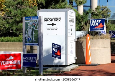 Fairfax, Virginia, United States - September 26, 2021: A ballot drop box is located in front of the Fairfax County Government Center in Virginia for the November 2021 elections.

