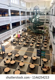 Fairfax, Virginia, USA - July 28, 2018: View Looking Into The Atrium Of George Mason University’s Johnson Center Student Center At The University’s Main Campus.