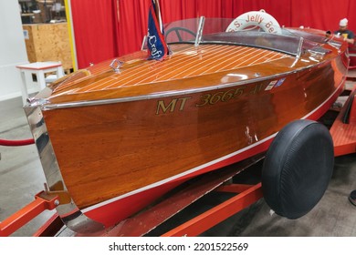 Fairfield, CA - September 3, 2022: Vintage Motor Boat On Display Inside Jelly Belly Museum.