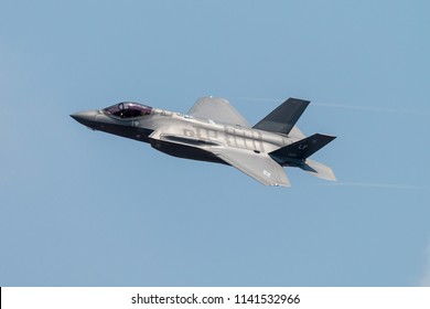 FAIRFORD, ENGLAND - JULY 13: Lockheed Martin F-35A Lightning II Stealth Fighter of the USAF Heritage Flight performing at the Royal International Air Tattoo on July 13, 2018 at RAF Fairford, England.