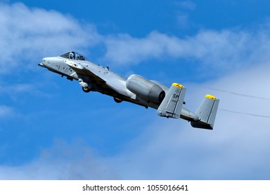 Fairford, Gloucestershire, UK - July 16, 2011: A USAF Fairchild Republic A-10 Thunderbolt II Flying In A Blue Sky