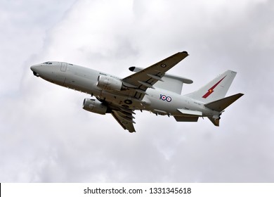 Fairford, Gloucestershire, UK - July 16 2018: A Royal Australian Air Force, Boeing E-7A Wedgetail Airborne Early Warning And Control System Surveillance Aircraft At The Royal International Air Tattoo