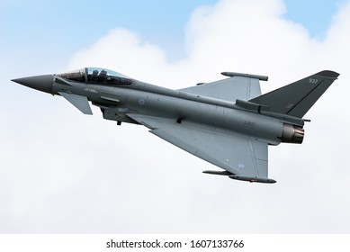 Fairford, Gloucestershire, UK - July 20th, 2019: The Royal Air Force Euro Fighter Typhoon fighter jet performs at the Royal International Air Tattoo 2019 at Fairford. 