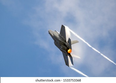 FAIRFORD, UK - JUL 13, 2018: US Air Force F-35 fighter jet plane full afterburner take off from RAF Fairford airbase.