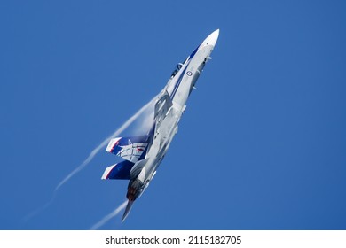 FAIRFORD, UNITED KINGDOM - JULY 11, 2018: Royal Canadian Air Force CF-18 Hornet 188776 fighter jet display at RIAT Royal International Air Tattoo 2018 airshow