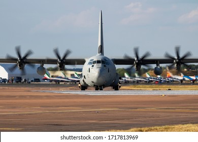 FAIRFORD / UNITED KINGDOM - JULY 12, 2018: Italian Air Force Lockheed C-130J MM62177 transport plane departure at RIAT Royal International Air Tattoo 2018 airshow