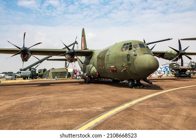 FAIRFORD  UNITED KINGDOM - JULY 13, 2018: Royal Air Force Lockheed C-130J Hercules ZH887 transport plane static display at RIAT Royal International Air Tattoo 2018 airshow