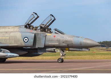 Fairford United Kingdom - July 17 2017: Two Hellenic Air Force F4E Phantom Lining Up The Runway To Depart Back To Greece After An Airshow Weekend