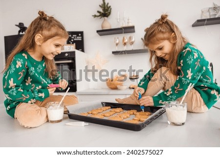 Similar – Image, Stock Photo Twins preparing holiday cookies in festive kitchen