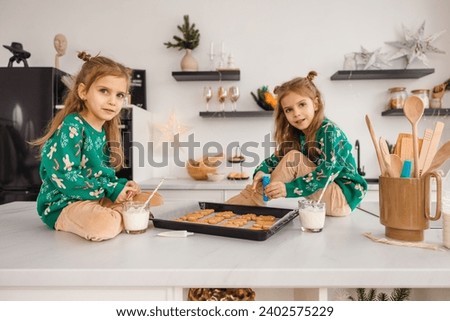 Similar – Image, Stock Photo Twins preparing holiday cookies in festive kitchen