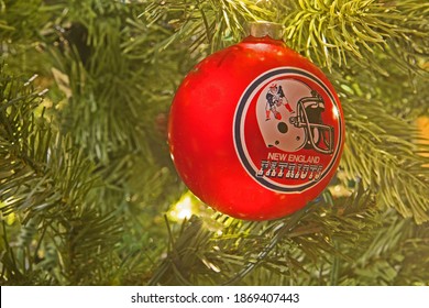 Fairhaven, Massachusetts - December 7 2020: A New England Patriots Christmas Ornament Hangs On A Tree.