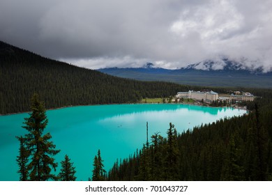 Fairmont Chateau On The Lake Louise. Rainy And Cloudy Day.