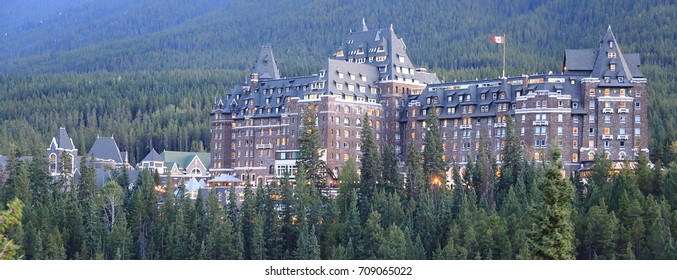 Fairmont Spring Hotel. Banff. Alberta. Canada. Sept 2 2017. Famous Banff Spring Hotel At Sunset During The Labor Day Long Weekend.