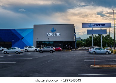 Fairview Heights, IL—June 28, 2021; Blue And Gray Building Mark Location Of Ascend A Multi-state Cannabis Dispensary And Store Serving Both Medical Patients And Adult-use Customers