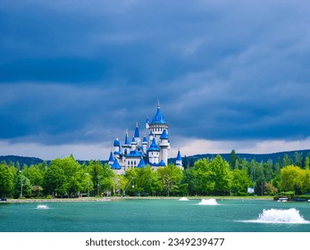 fairy castle with clouds and pool 