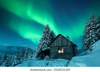 Fairy Christmas landscape with Northern light over wooden cabin in snowy mountains. Winter scene with Polar light. Aurora Borealis - Powered by Shutterstock