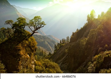 fairy morning sunlight on beautiful himalaya landscape