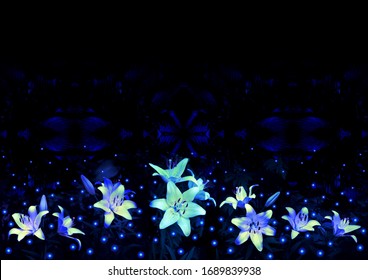 Fairy night landscape lily flowers glow blue neon on black background - Shutterstock ID 1689839938