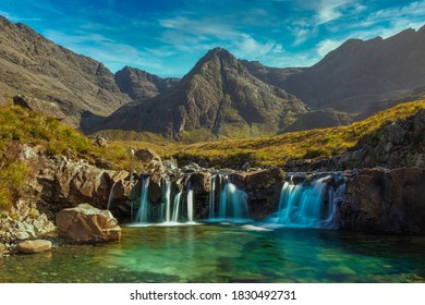 Fairy pools with dramatic mountain views at the isle of Skye, Scotland.
