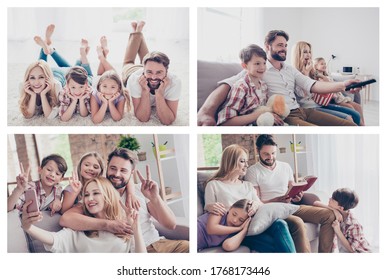Fairy Tale Free Time Small Little Preteen Concept. Photo Composite Multiple Collage Of Carefree Joyful Dreamy Positive Family Having Fun Together Making Self Selfie On Smartphone Rest Relax House
