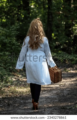 Fairy Tale inspired photo of Girl in gingham dress, red high heels, and a basket
