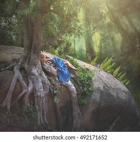 Fairy Tale. Sleeping Woman In A Mystical Garden 