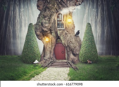 Fairy Tree House In Fantasy Forest With Stone Road