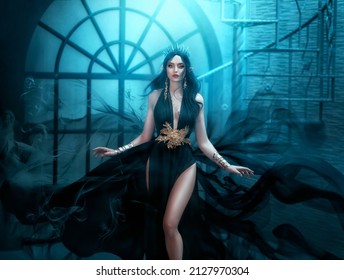 Fairy woman elf queen in black fantasy sexy dress, dark magic smoke flutter waving flowing around witch. Black long hair fly in wind. Princess girl, sharp ears, gothic crown. Background old style room