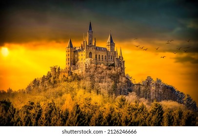 Fairytale castle on mountain hill