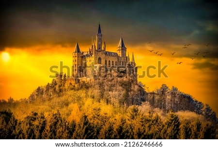 Fairytale castle on mountain hill