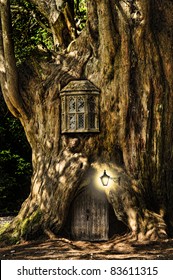 Fairytale Fantasy House In Tree Trunk In Forest