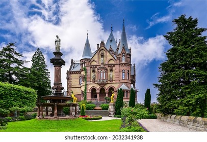 Fairytale Old Manor With A Fountain. Mansion Entrance