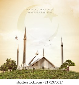 Faisal Masjid poster and manipulation on cloudy and blurred background